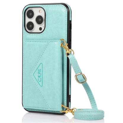 For iPhone 14 Pro Case Card Holder Kickstand Leather+TPU Cover with Long Strap