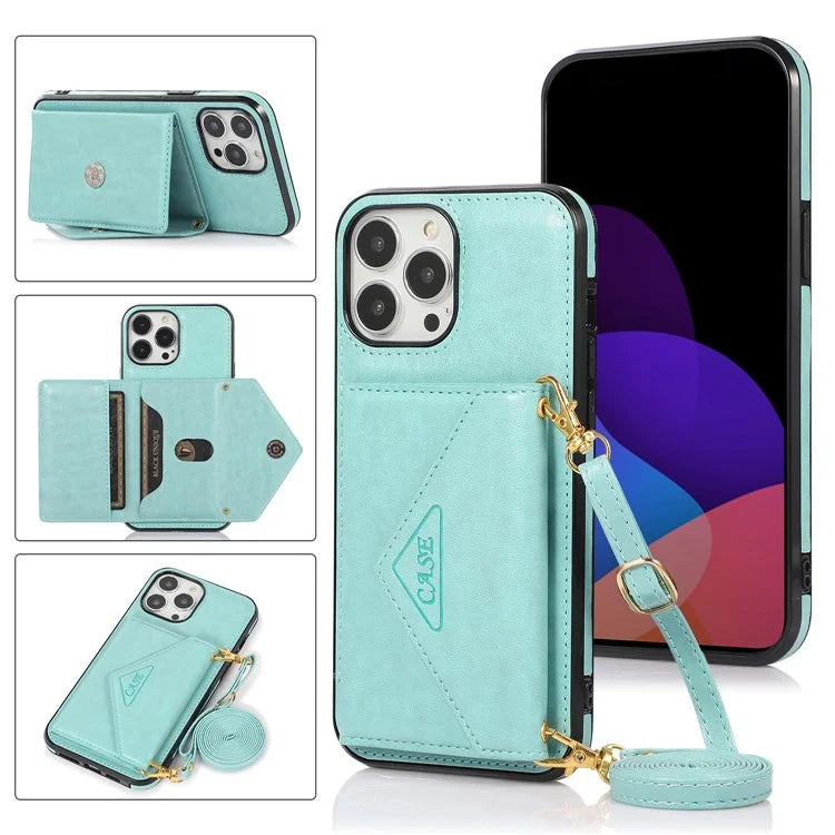 For iPhone 14 Pro Case Card Holder Kickstand Leather+TPU Cover with Long Strap