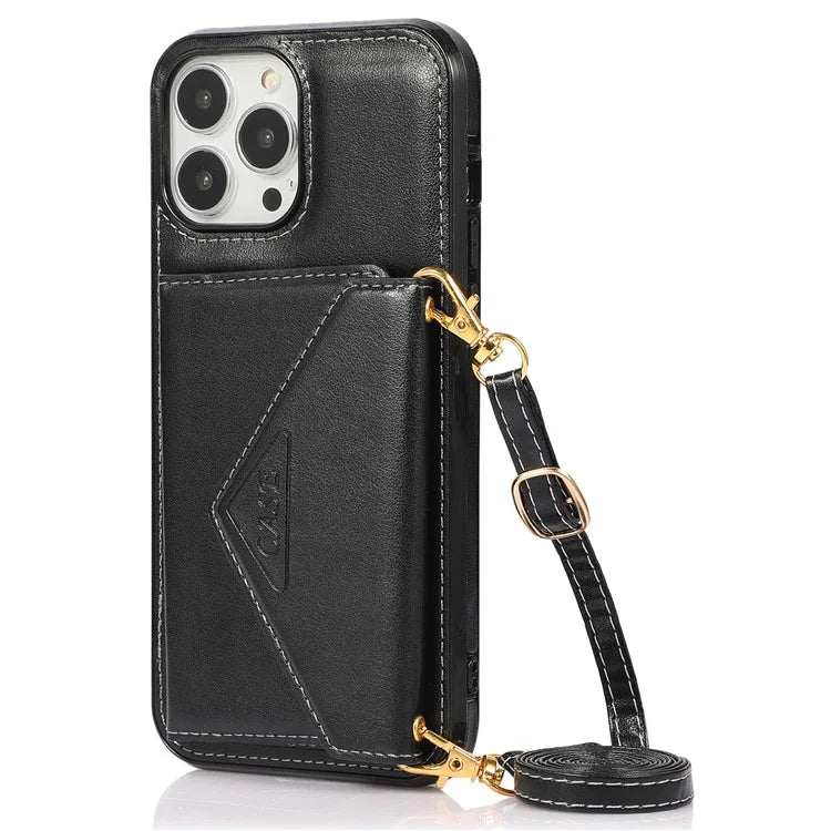 For iPhone 14 Pro Case Card Holder Kickstand Leather+TPU Cover with Long Strap