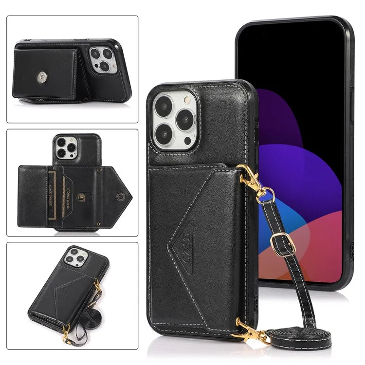 For iPhone 14 Pro Case Card Holder Kickstand Leather+TPU Cover with Long Strap