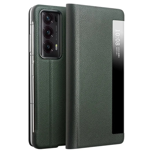 QIALINO For Honor Magic V2 5G Genuine Cow Leather Case Smart View Window Phone Cover