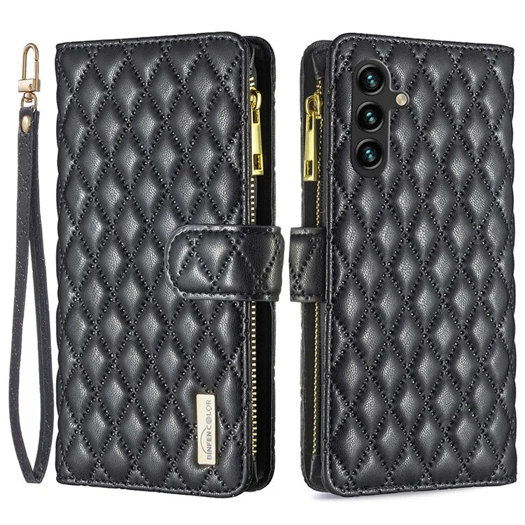 BINFEN COLOR BF Style-15 For Samsung Galaxy A55 5G Cell Phone Case Zipper Pocket Stand Protective Cover