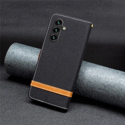 For Samsung Galaxy A55 5G Cell Phone Case Jeans Cloth Splicing Leather Stand Protective Cover