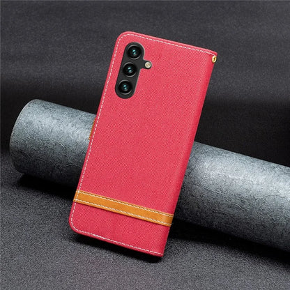 For Samsung Galaxy A55 5G Cell Phone Case Jeans Cloth Splicing Leather Stand Protective Cover