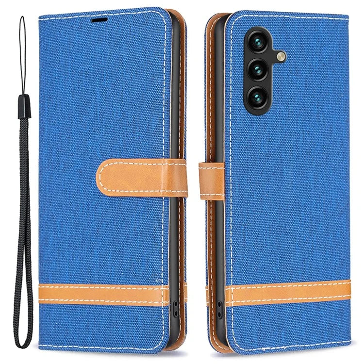 For Samsung Galaxy A55 5G Cell Phone Case Jeans Cloth Splicing Leather Stand Protective Cover