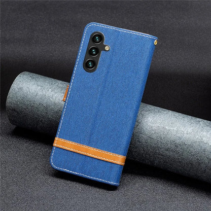 For Samsung Galaxy A55 5G Cell Phone Case Jeans Cloth Splicing Leather Stand Protective Cover