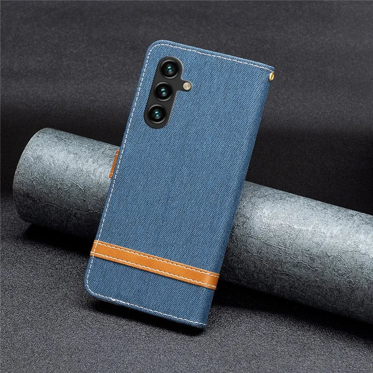 For Samsung Galaxy A55 5G Cell Phone Case Jeans Cloth Splicing Leather Stand Protective Cover