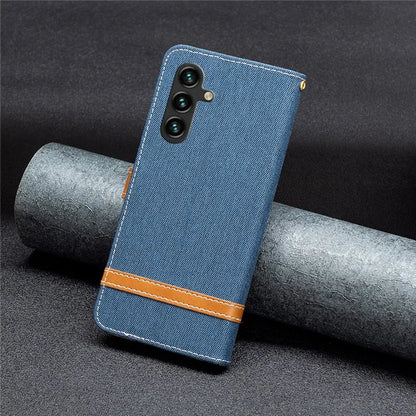 For Samsung Galaxy A55 5G Cell Phone Case Jeans Cloth Splicing Leather Stand Protective Cover
