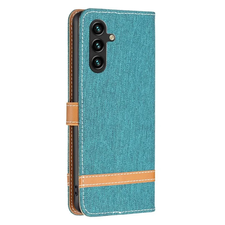 For Samsung Galaxy A55 5G Cell Phone Case Jeans Cloth Splicing Leather Stand Protective Cover