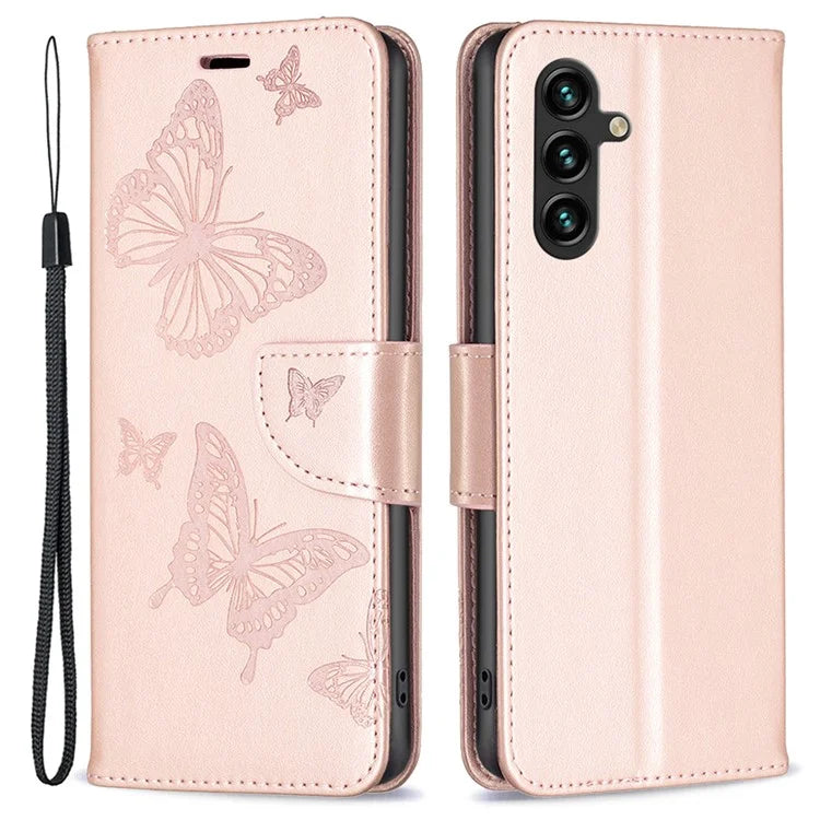 For Samsung Galaxy A55 5G Case Anti-fall Butterfly Imprinted Leather Mobile Phone Stand Cover Gold