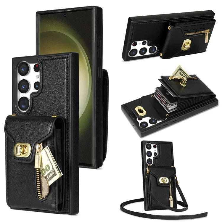For Samsung Galaxy S24 Ultra Leather Coated TPU Cover Zipper Pocket Card Slots Phone Case with Kickstand