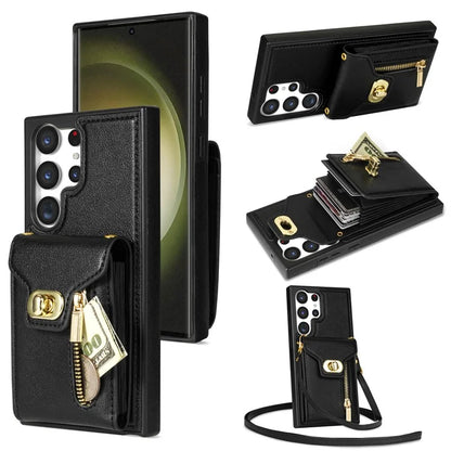 For Samsung Galaxy S24 Ultra Leather Coated TPU Cover Zipper Pocket Card Slots Phone Case with Kickstand