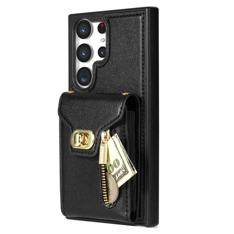For Samsung Galaxy S24 Ultra Leather Coated TPU Cover Zipper Pocket Card Slots Phone Case with Kickstand