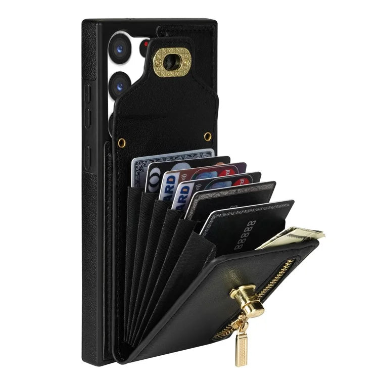 For Samsung Galaxy S24 Ultra Leather Coated TPU Cover Zipper Pocket Card Slots Phone Case with Kickstand