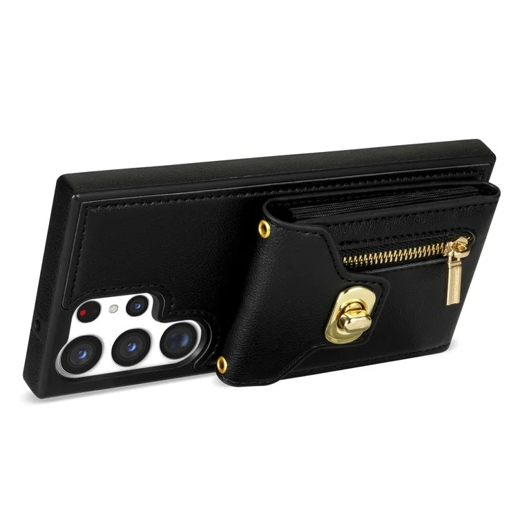 For Samsung Galaxy S24 Ultra Leather Coated TPU Cover Zipper Pocket Card Slots Phone Case with Kickstand