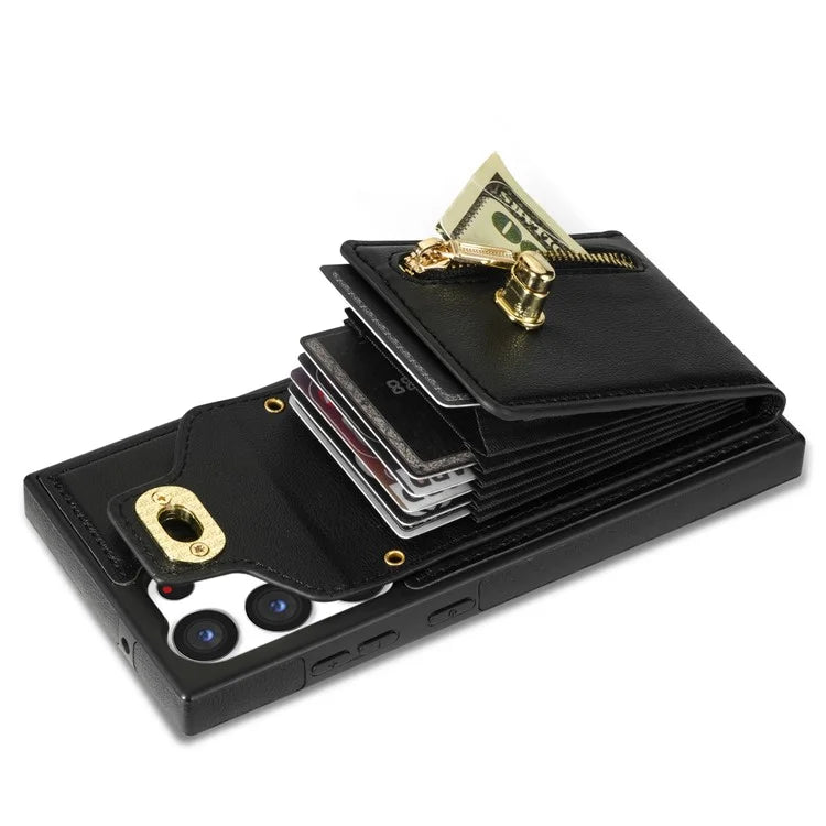 For Samsung Galaxy S24 Ultra Leather Coated TPU Cover Zipper Pocket Card Slots Phone Case with Kickstand