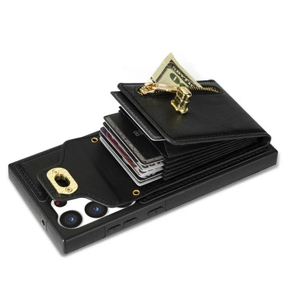 For Samsung Galaxy S24 Ultra Leather Coated TPU Cover Zipper Pocket Card Slots Phone Case with Kickstand