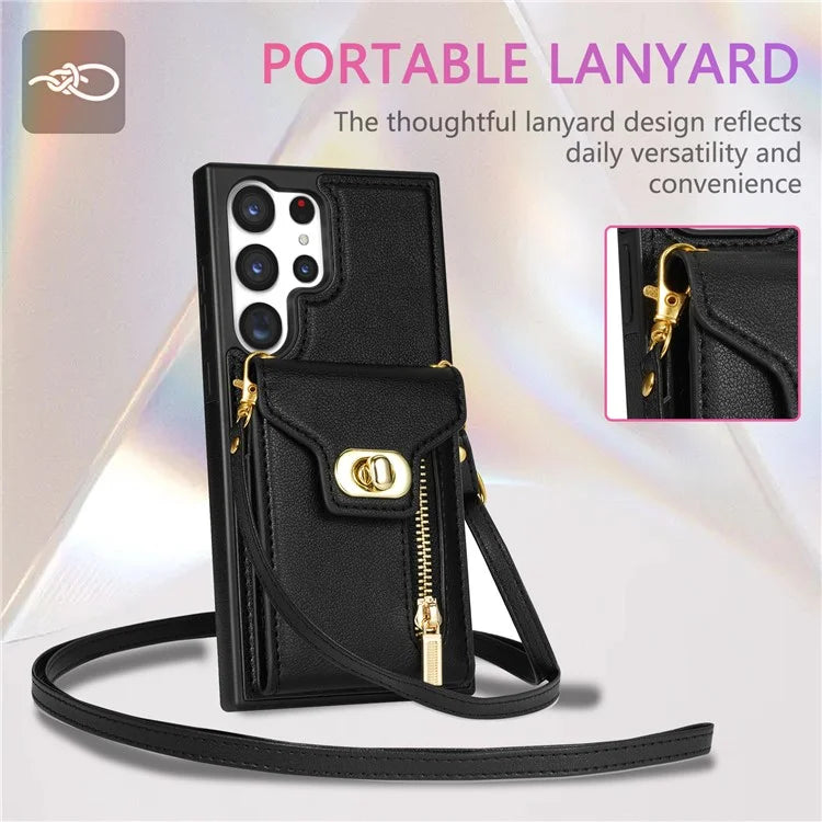 For Samsung Galaxy S24 Ultra Leather Coated TPU Cover Zipper Pocket Card Slots Phone Case with Kickstand