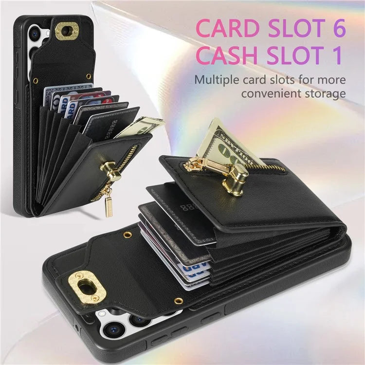 For Samsung Galaxy S24 Ultra Leather Coated TPU Cover Zipper Pocket Card Slots Phone Case with Kickstand