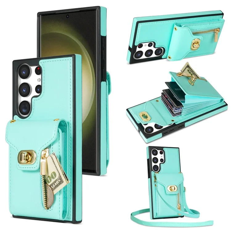 For Samsung Galaxy S24 Ultra Leather Coated TPU Cover Zipper Pocket Card Slots Phone Case with Kickstand