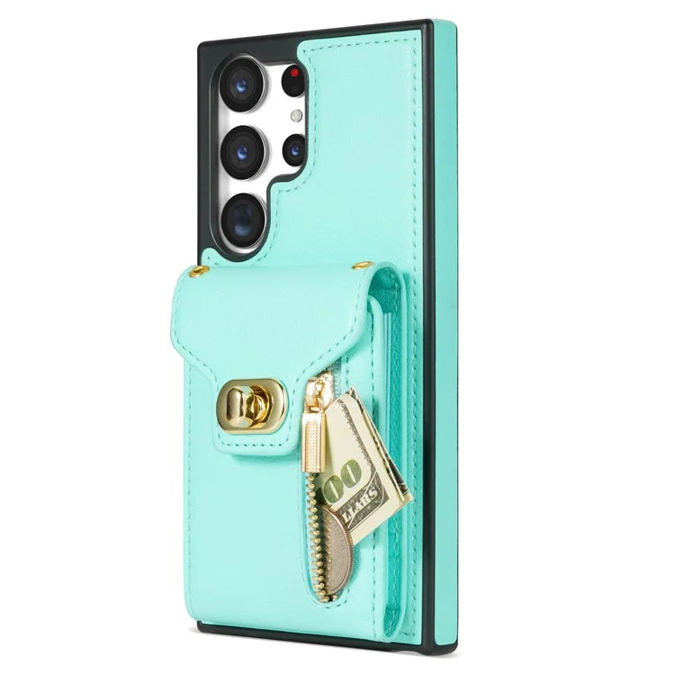 For Samsung Galaxy S24 Ultra Leather Coated TPU Cover Zipper Pocket Card Slots Phone Case with Kickstand
