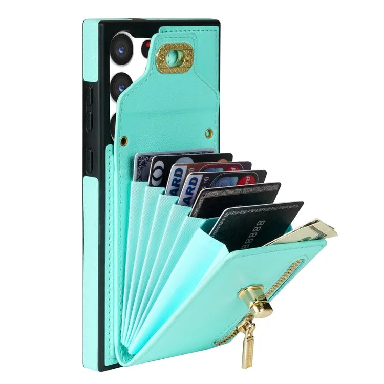 For Samsung Galaxy S24 Ultra Leather Coated TPU Cover Zipper Pocket Card Slots Phone Case with Kickstand