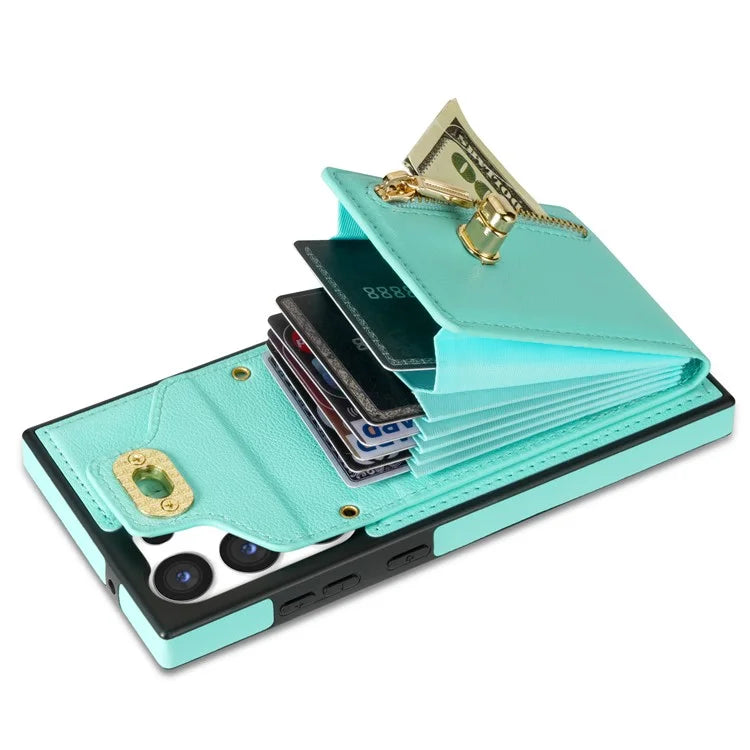 For Samsung Galaxy S24 Ultra Leather Coated TPU Cover Zipper Pocket Card Slots Phone Case with Kickstand