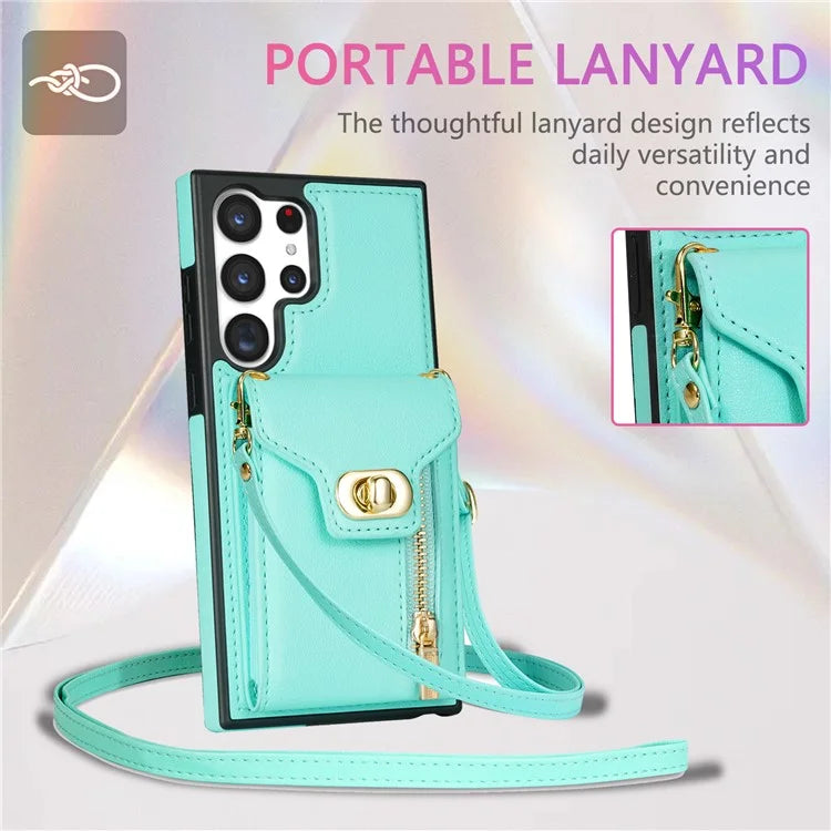 For Samsung Galaxy S24 Ultra Leather Coated TPU Cover Zipper Pocket Card Slots Phone Case with Kickstand