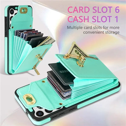 For Samsung Galaxy S24 Ultra Leather Coated TPU Cover Zipper Pocket Card Slots Phone Case with Kickstand