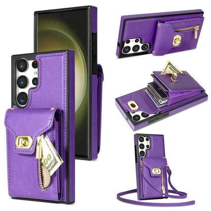 For Samsung Galaxy S24 Ultra Leather Coated TPU Cover Zipper Pocket Card Slots Phone Case with Kickstand