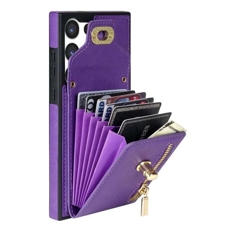 For Samsung Galaxy S24 Ultra Leather Coated TPU Cover Zipper Pocket Card Slots Phone Case with Kickstand