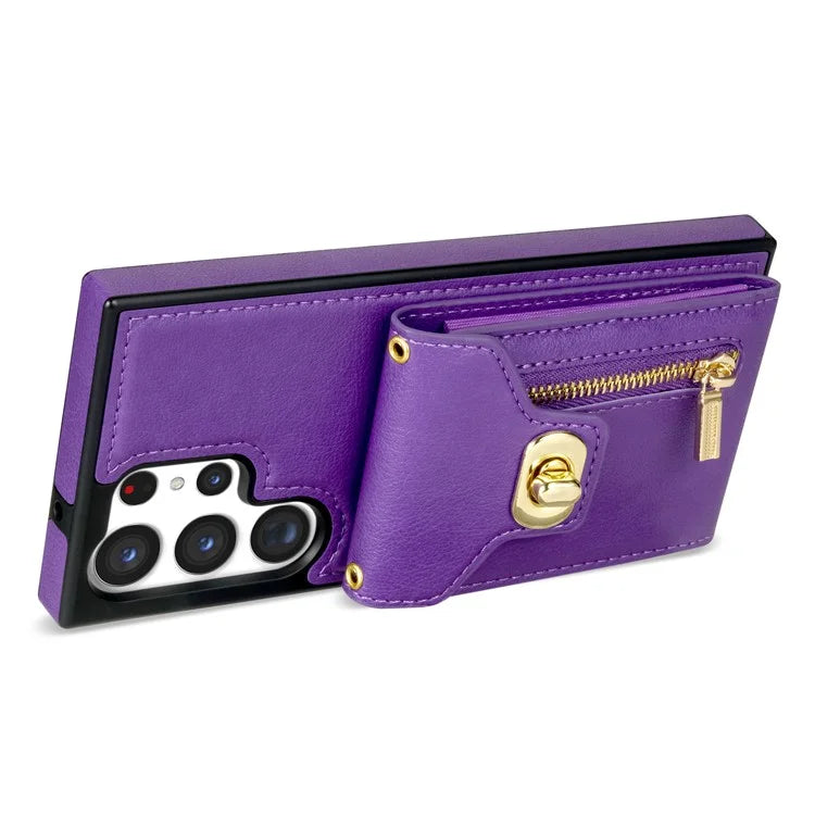 For Samsung Galaxy S24 Ultra Leather Coated TPU Cover Zipper Pocket Card Slots Phone Case with Kickstand