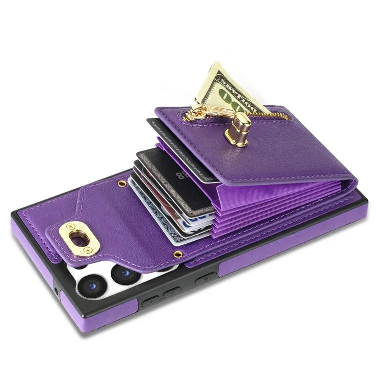 For Samsung Galaxy S24 Ultra Leather Coated TPU Cover Zipper Pocket Card Slots Phone Case with Kickstand