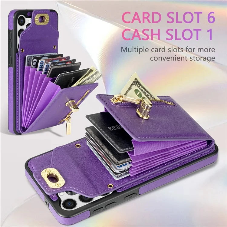 For Samsung Galaxy S24 Ultra Leather Coated TPU Cover Zipper Pocket Card Slots Phone Case with Kickstand
