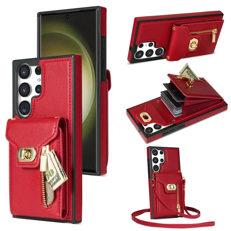 For Samsung Galaxy S24 Ultra Leather Coated TPU Cover Zipper Pocket Card Slots Phone Case with Kickstand