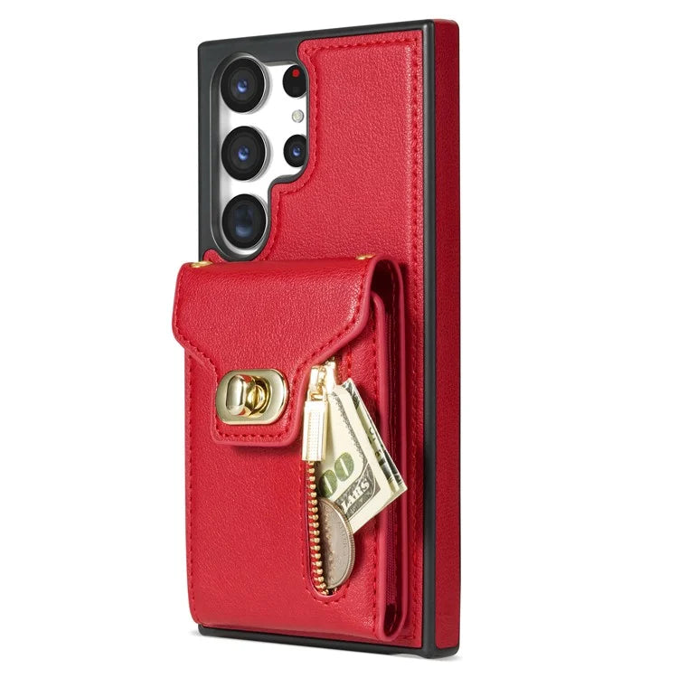 For Samsung Galaxy S24 Ultra Leather Coated TPU Cover Zipper Pocket Card Slots Phone Case with Kickstand