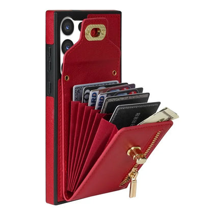 For Samsung Galaxy S24 Ultra Leather Coated TPU Cover Zipper Pocket Card Slots Phone Case with Kickstand