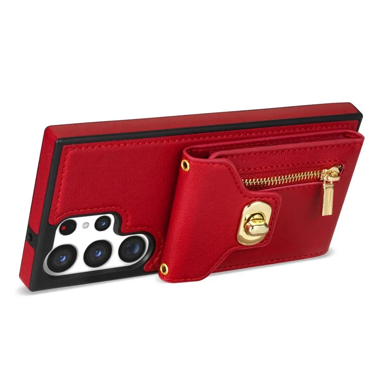 For Samsung Galaxy S24 Ultra Leather Coated TPU Cover Zipper Pocket Card Slots Phone Case with Kickstand