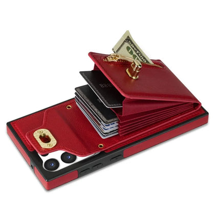 For Samsung Galaxy S24 Ultra Leather Coated TPU Cover Zipper Pocket Card Slots Phone Case with Kickstand