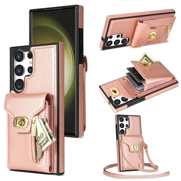 For Samsung Galaxy S24 Ultra Leather Coated TPU Cover Zipper Pocket Card Slots Phone Case with Kickstand