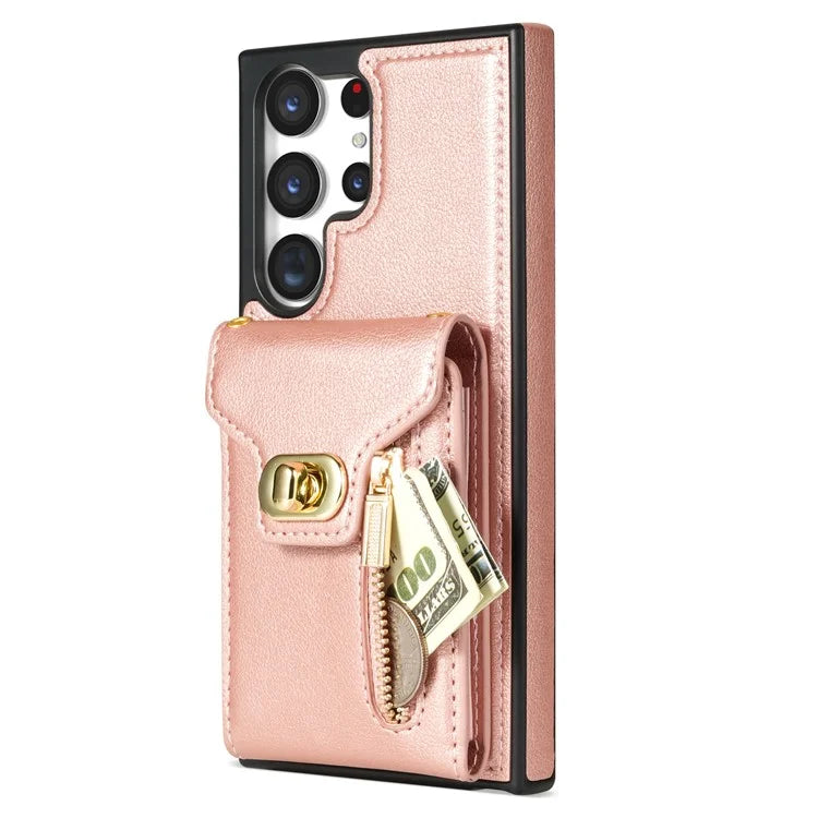 For Samsung Galaxy S24 Ultra Leather Coated TPU Cover Zipper Pocket Card Slots Phone Case with Kickstand