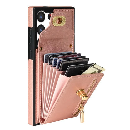 For Samsung Galaxy S24 Ultra Leather Coated TPU Cover Zipper Pocket Card Slots Phone Case with Kickstand