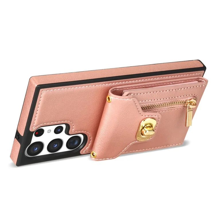 For Samsung Galaxy S24 Ultra Leather Coated TPU Cover Zipper Pocket Card Slots Phone Case with Kickstand