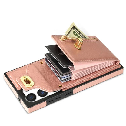 For Samsung Galaxy S24 Ultra Leather Coated TPU Cover Zipper Pocket Card Slots Phone Case with Kickstand