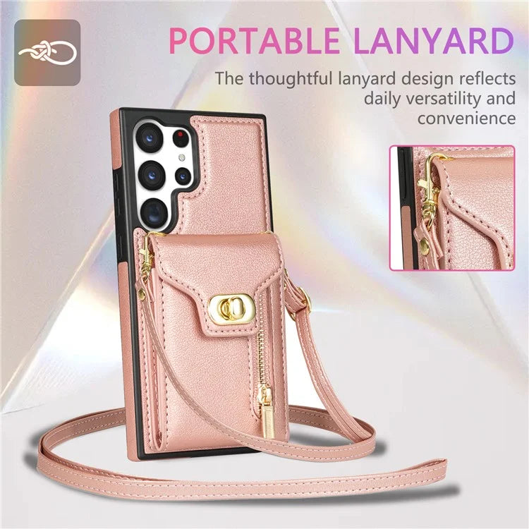 For Samsung Galaxy S24 Ultra Leather Coated TPU Cover Zipper Pocket Card Slots Phone Case with Kickstand