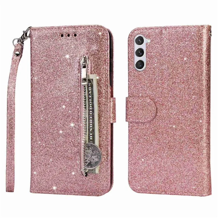 For Samsung Galaxy S24 Case Glittery Phone Wallet Cover with Zipper Pocket Gold
