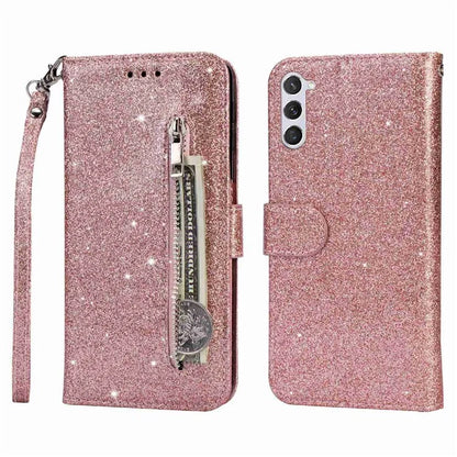 For Samsung Galaxy S24 Case Glittery Phone Wallet Cover with Zipper Pocket Gold