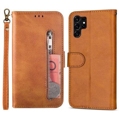 For Samsung Galaxy S24 Ultra Case Zipper Pocket Calf Texture Leather Phone Cover