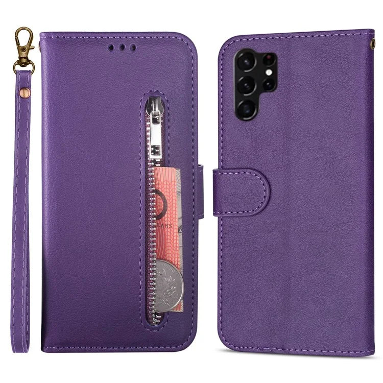 For Samsung Galaxy S24 Ultra Case Zipper Pocket Calf Texture Leather Phone Cover