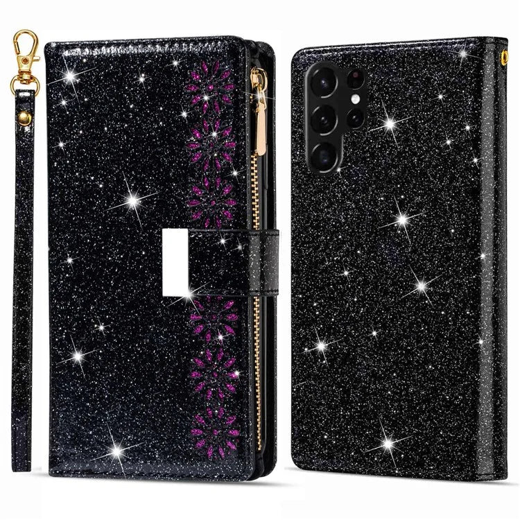 For Samsung Galaxy S24 Ultra Leather Case Zipper Wallet Glittery Phone Cover